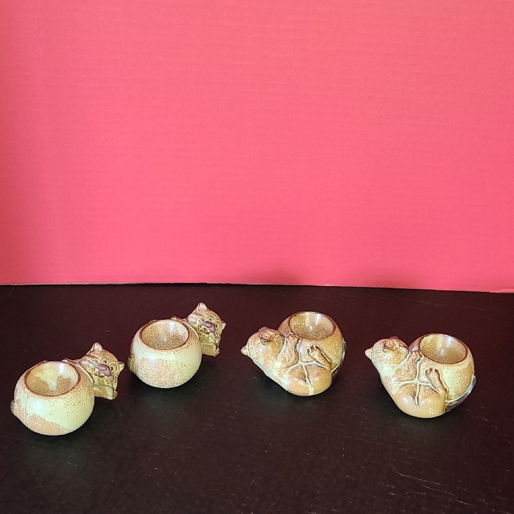 Vintage Redware Ceramic Egg Cup Playful Kitten Cat Breakfast Japan